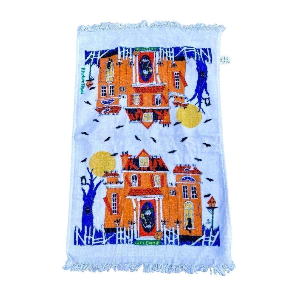 Vintage Cecil Saydah Halloween Haunted House Hand Towels Kitchen Towel